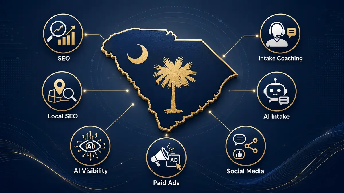 South Carolina Digital Marketing Agency services SEO, Local SEO, AI Visibility, Paid Ads, Social Media, AI Intake, and Intake Coaching